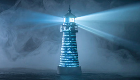 In a dense fog of digital information, a luminous lighthouse constructed from binary code shines its powerful beams.の素材