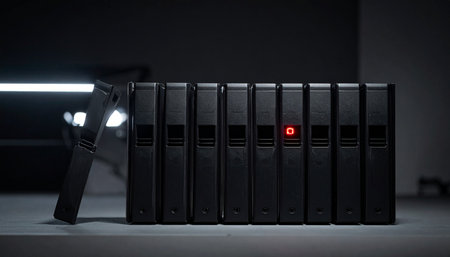 In the quiet hum of a secure data center, a single red light blinks ominously on a server rack.の素材