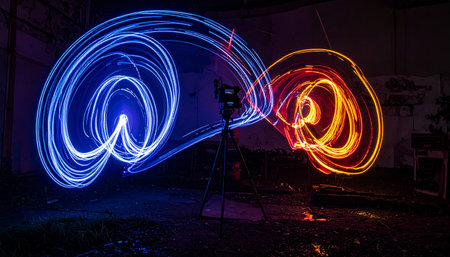A dynamic display of light painting captures the elemental clash between fire and ice.の素材