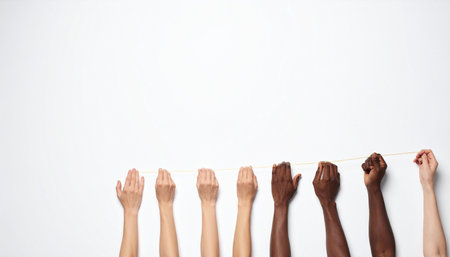 A powerful row of raised fists from people of various skin tones stands in unison against a clean white background.の素材