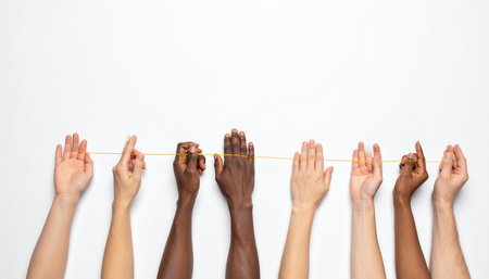 A row of hands from diverse backgrounds and ethnicities comes together, each holding a single, taut thread.の素材