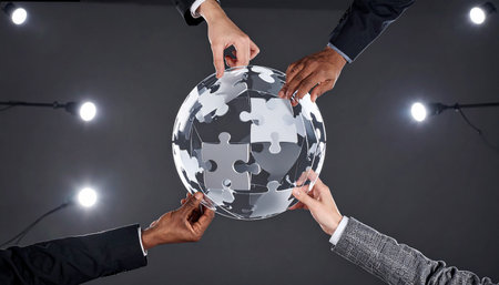 From a low-angle perspective, the hands of a diverse business team come together to assemble a spherical jigsaw puzzle.の素材