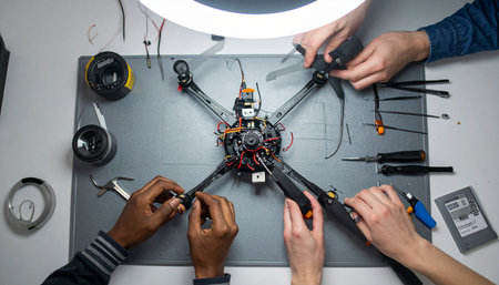 From a top-down perspective, a diverse group of engineers collaborates with focused precision, their hands working in unison to assemble a complex quadcopter.の素材