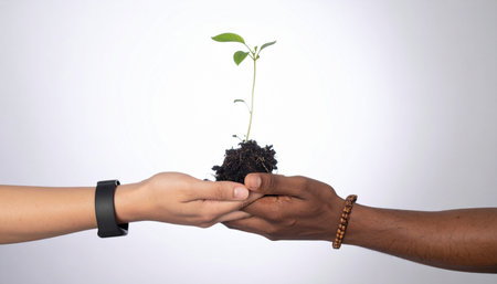 Two hands from different backgrounds come together in a gesture of unity and care, gently holding a new seedling.の素材