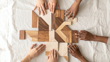 From an overhead perspective, a diverse group of hands comes together to solve a complex wooden puzzle.の素材