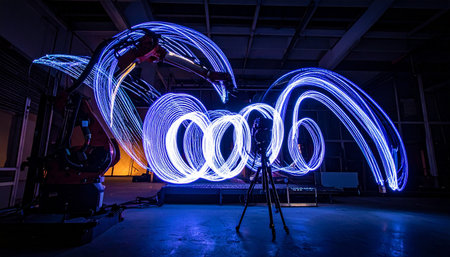 An artist crafts dynamic, swirling patterns of blue and white light in a dark space, using long-exposure photography to capture the fluid motion and energy of light itself.の素材