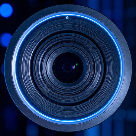 A close-up of a futuristic camera lens, its intricate optics encircled by a vibrant blue neon ring.の素材