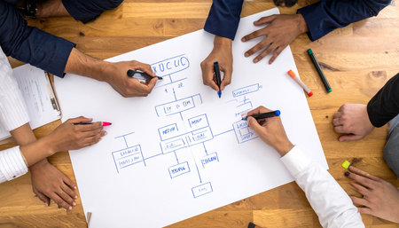 From a top-down perspective, a diverse team of innovators huddles together, their hands and minds in sync as they map out a complex flowchart.の素材