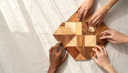 A diverse group of hands comes together under soft, natural light to solve a complex wooden puzzle.の素材