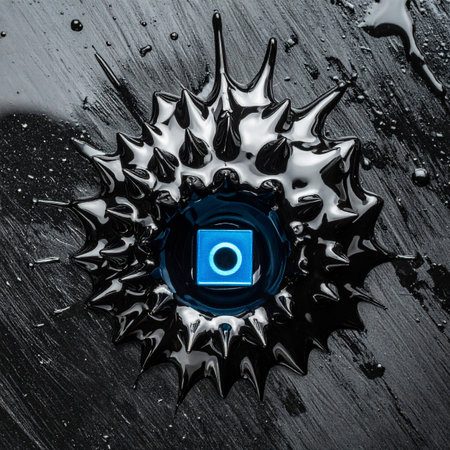 A luminous blue technology icon glows at the heart of a dynamic black ferrofluid. The magnetic liquid erupts into sharp, organic spikes, reacting to an unseen force from the central core.の素材