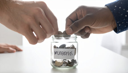 A close-up of two people with different skin tones contributing money to a single glass jar, symbolizing teamwork, financial planning, and a unified effort towards a common future aspiration or inves.の素材