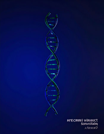 A luminous 3D rendering of a DNA double helix floats against a deep blue background, symbolizing the intersection of biology and digital technology.の素材