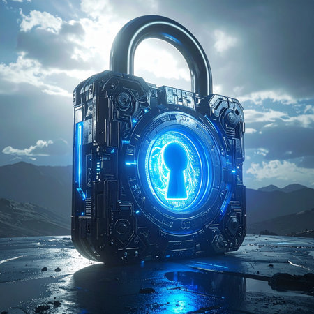 A futuristic padlock, glowing with a powerful blue light, stands as the ultimate symbol of digital security.の素材
