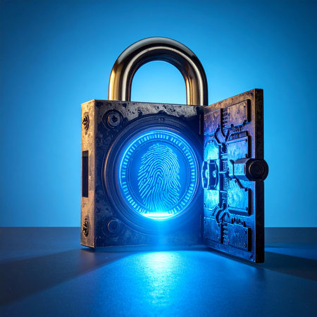 An old, weathered padlock opens to reveal a glowing blue core of advanced technology.の素材