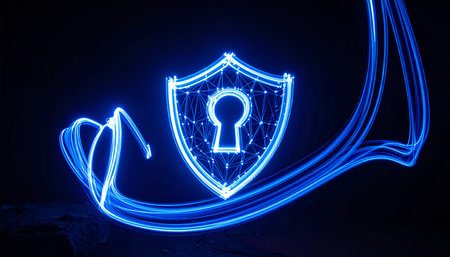 A glowing blue shield emerges from the darkness, a futuristic symbol of digital defense.の素材