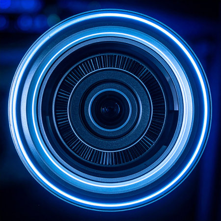 A powerful core of a futuristic engine hums with vibrant blue energy. Concentric rings of neon light pulse, representing the flow of data and the dawn of a new technological era.の素材