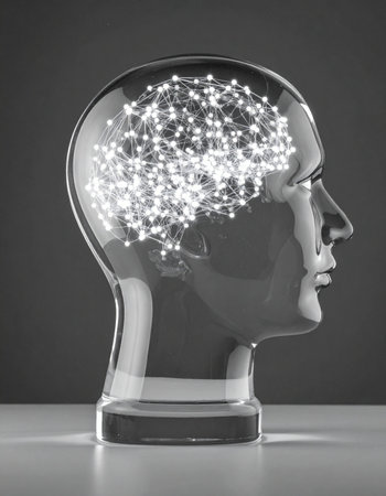 Inside a clear glass head, a web of luminous points connects to form an intricate neural network.の素材