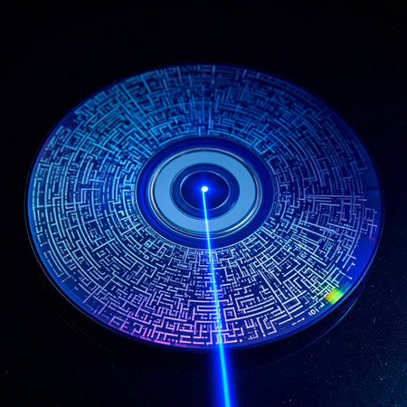 A brilliant blue laser beam penetrates the darkness, precisely targeting the center of a futuristic disc.の素材