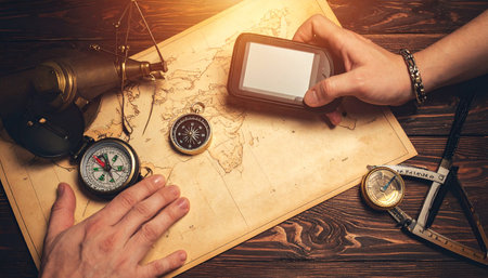 An explorer's hands hover over a vintage map, comparing a modern GPS with an antique compass.の素材