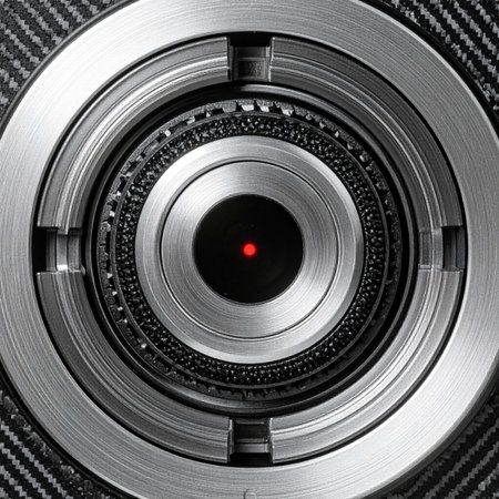 In a world of advanced technology, a vigilant robotic eye with a glowing red sensor keeps a constant watch.の素材
