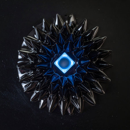 A mesmerizing display of physics where a dark, spiky ferrofluid reacts to a magnetic field, revealing a luminous blue energy core at its center.の素材
