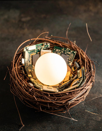 In a nest woven from discarded circuit boards and wires, a new idea incubates.の素材