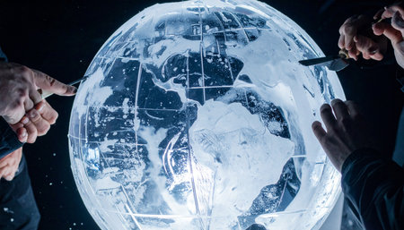 A team of strategists gathers around an illuminated crystal globe, pointing to key regions as they map out their international business expansion.の素材