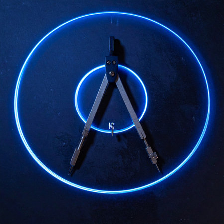In the darkness, a spark of an idea takes form. A precision compass traces a perfect, glowing blue circle, symbolizing the birth of innovation, architectural planning, and technological creation.の素材