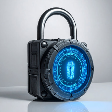A futuristic padlock glows with a blue biometric fingerprint scanner, symbolizing the next generation of digital security.の素材