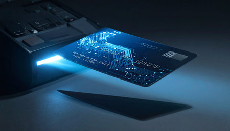 In a dimly lit room, a credit card embedded with a glowing digital circuit is inserted into a laptop, symbolizing a secure, high-tech financial transaction.の素材