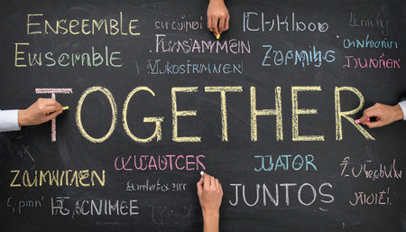 Multiple hands from diverse backgrounds collaborate, writing the word 'Together' in various languages on a chalkboard.の素材