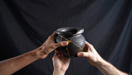 Two pairs of hands carefully hold a dark ceramic pot, its cracks mended with shimmering gold.の素材