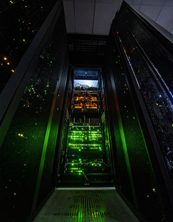 A low-angle view down a dark aisle between server racks in a modern data center.の素材
