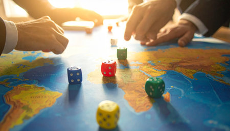 A team of corporate strategists gathers around a world map, rolling the dice in a high-stakes game of global expansion.の素材