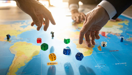 In a high-stakes meeting, business leaders gesture over a world map, strategically placing pieces to plot their next move for global expansion.の素材