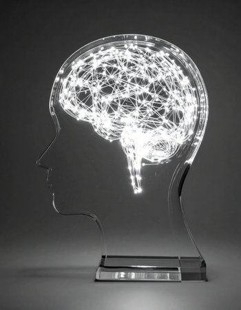 A transparent model of a human head reveals a complex, glowing neural network, symbolizing the dawn of artificial intelligence.の素材