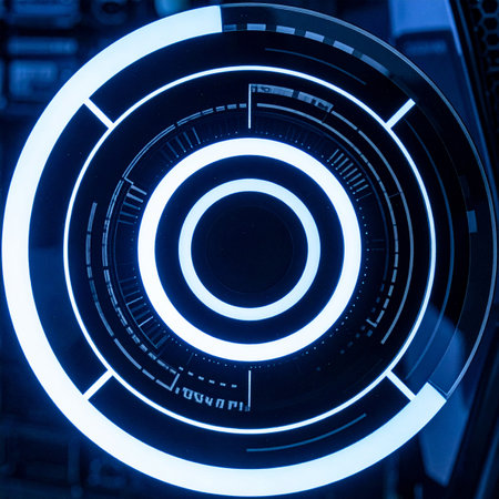 A luminous, high-tech circular display glows with cool blue light, representing the forefront of digital innovation.の素材