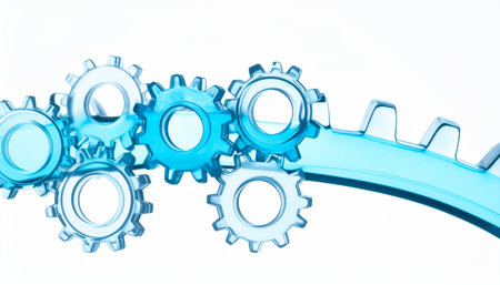 A series of pristine blue glass gears interlock with perfect precision, symbolizing a seamless system in motion.の素材