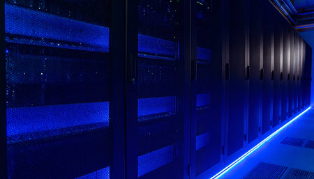 A long corridor in a state-of-the-art data center, where rows of server racks are bathed in cool blue LED light.の素材
