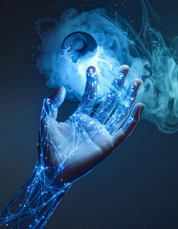 A human hand, interwoven with glowing blue neural networks, summons a swirling cloud of digital energy.の素材