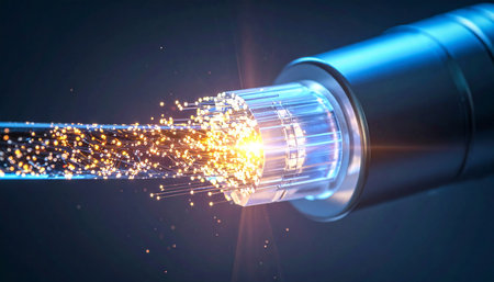 A torrent of glowing data particles surges through the core of a fiber optic cable, illustrating the incredible speed and power of modern digital communication.の素材