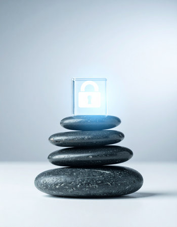 A perfectly balanced stack of smooth, dark stones provides a natural foundation for a luminous blue cube.の素材