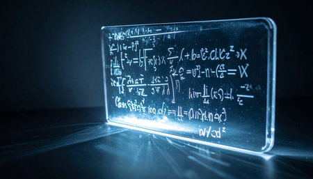 A glowing, transparent screen illuminates a dark room, displaying complex physics equations and mathematical formulas.の素材