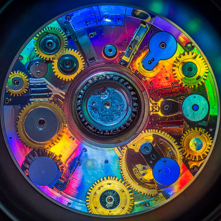 A macro view reveals the intricate inner workings of a futuristic device, where colorful, iridescent gears and cogs mesh together on a disc.の素材