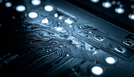 A macro view reveals the complex, glowing pathways of a circuit board, where data flows like energy through a futuristic digital city.の素材