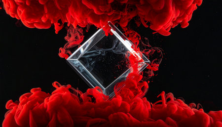A transparent crystal cube is suspended in darkness, caught between two colliding clouds of vibrant red ink.の素材