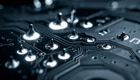 A macro photograph captures the intricate landscape of a printed circuit board.の素材