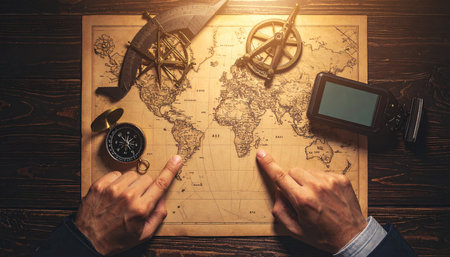 Two explorers chart a course for their next great adventure across a vintage world map.の素材