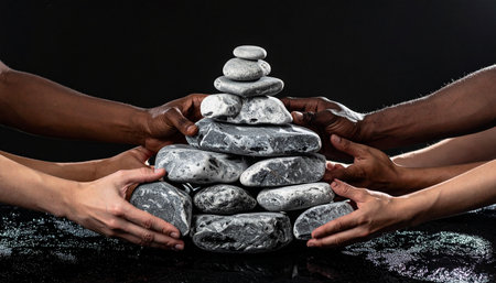 A diverse group of hands from different backgrounds comes together in unity, carefully building a balanced stack of stones.の素材