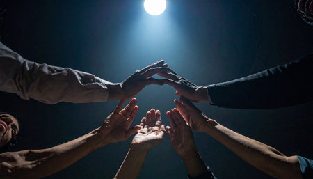 In a dark, focused space, a group of diverse hands come together, reaching upward in unison towards a single, brilliant spotlight.の素材